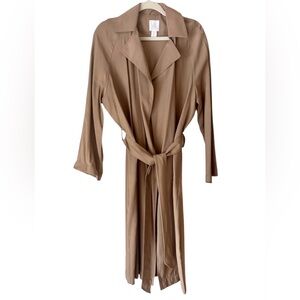 H&M light brown tan long line tie front trench style shawl lightweight overcoat
